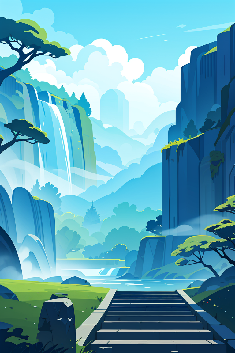 391689-617523320-masterpiece,best quality,Minimalism,shadow flat vector art,Photo taken from a distance on the path leading to the waterfall, blo.png